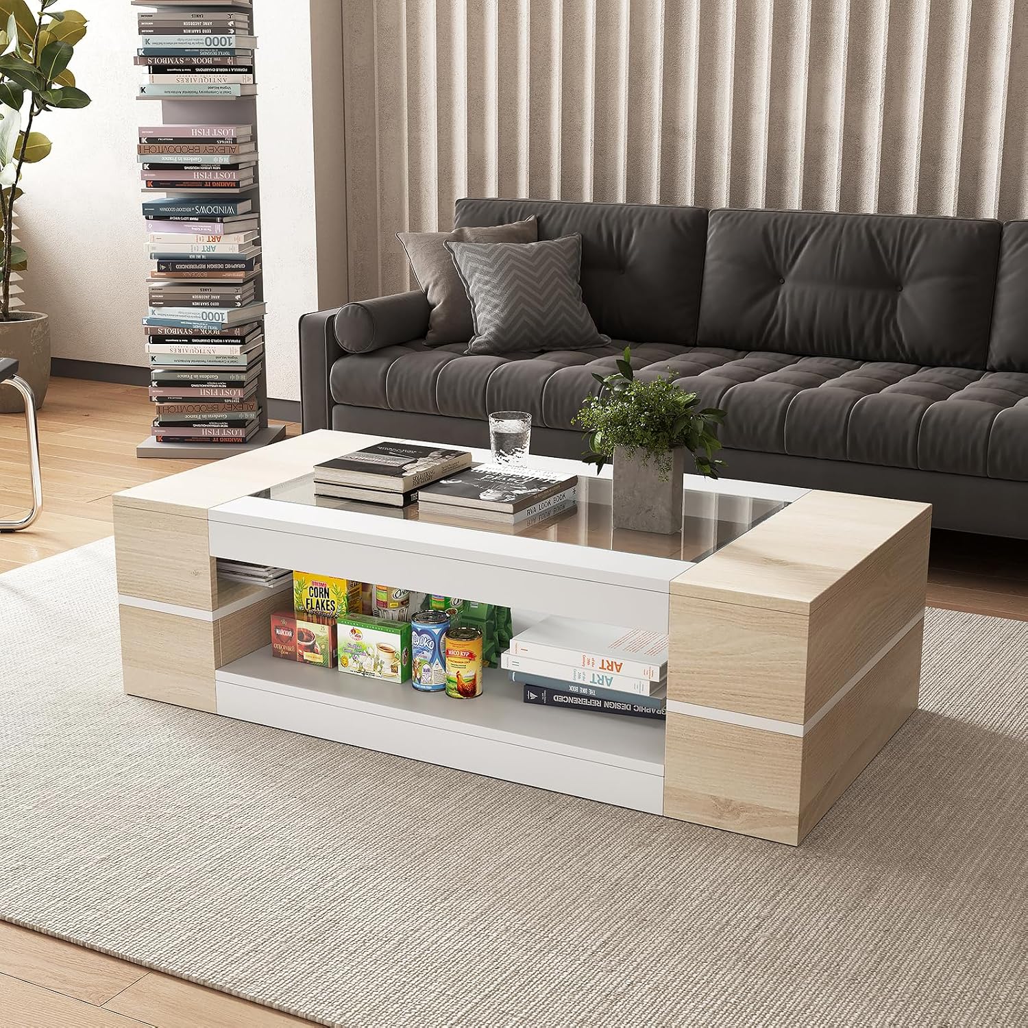 HedoAjim 47.2' Modern Stylish Coffee Table with Glass Table Top, Large Living Room Table Rectangular 2-Tier Center Tables with Storage, Wood Cocktail Tea Tables for Dining Reception Room Natural