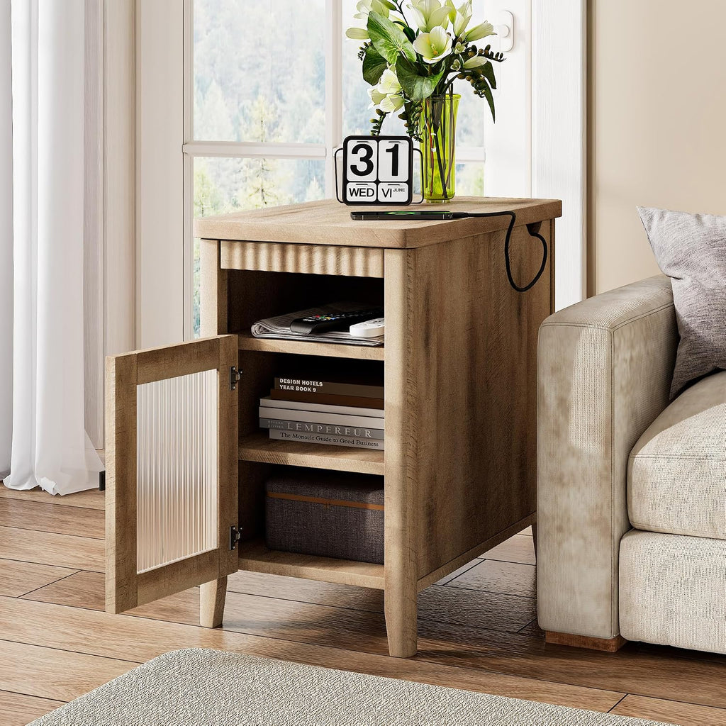 iPormis End Table Set of 2 with Charging Station, Narrow Side Table for Living Room, Farmhouse Night Stand with Storage Cabinet, Wooden Bedside Table for Bedroom Small Space, Brown