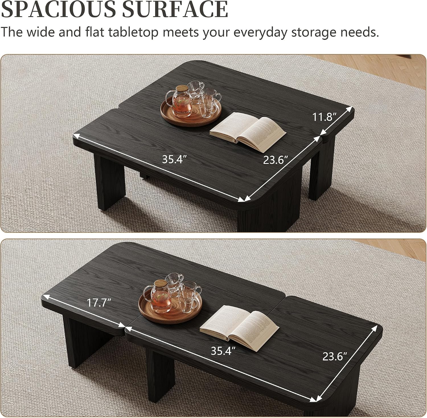 Black Wood Coffee Table, Free Adjustable Modern Living Room Table as Square, Rectangle, Irregular Tea Table, Couch Side Tabl e for Home Office