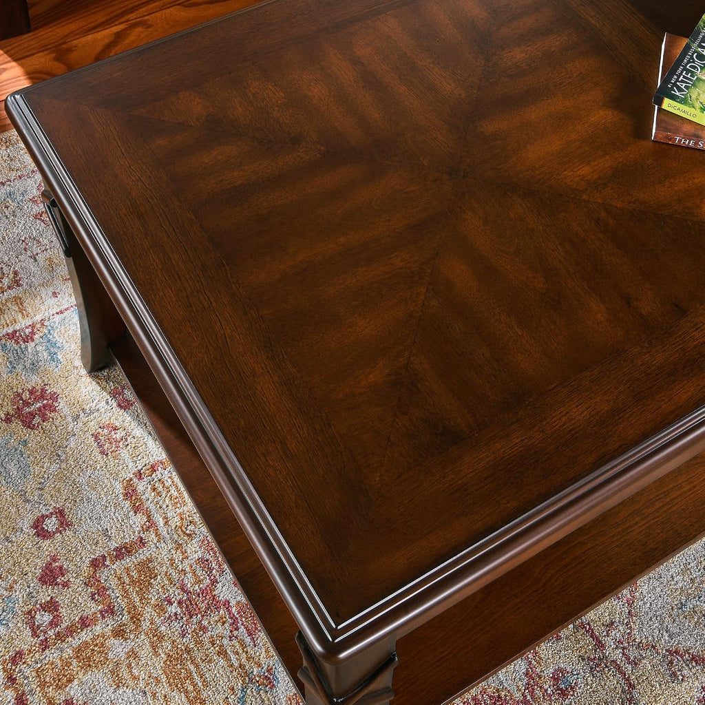 Solid Wood Coffee Table with Storage Shelf, Mid-Century Living Room Tables with Carved Tabletop and Leg, 43.3' Splicing Cocktail Center Sofa Table, Cherry Brown KFZ-DR200
