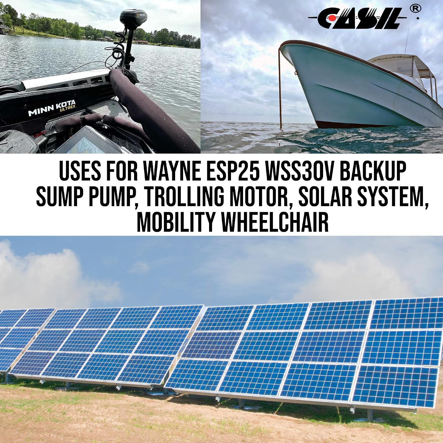 Casil 12V 75Ah Deep Cycle AGM Battery | Compatible with Wayne ESP25 WSS30V Backup Sump Pump | Solar, Trolling Motor, Mobility & General Use