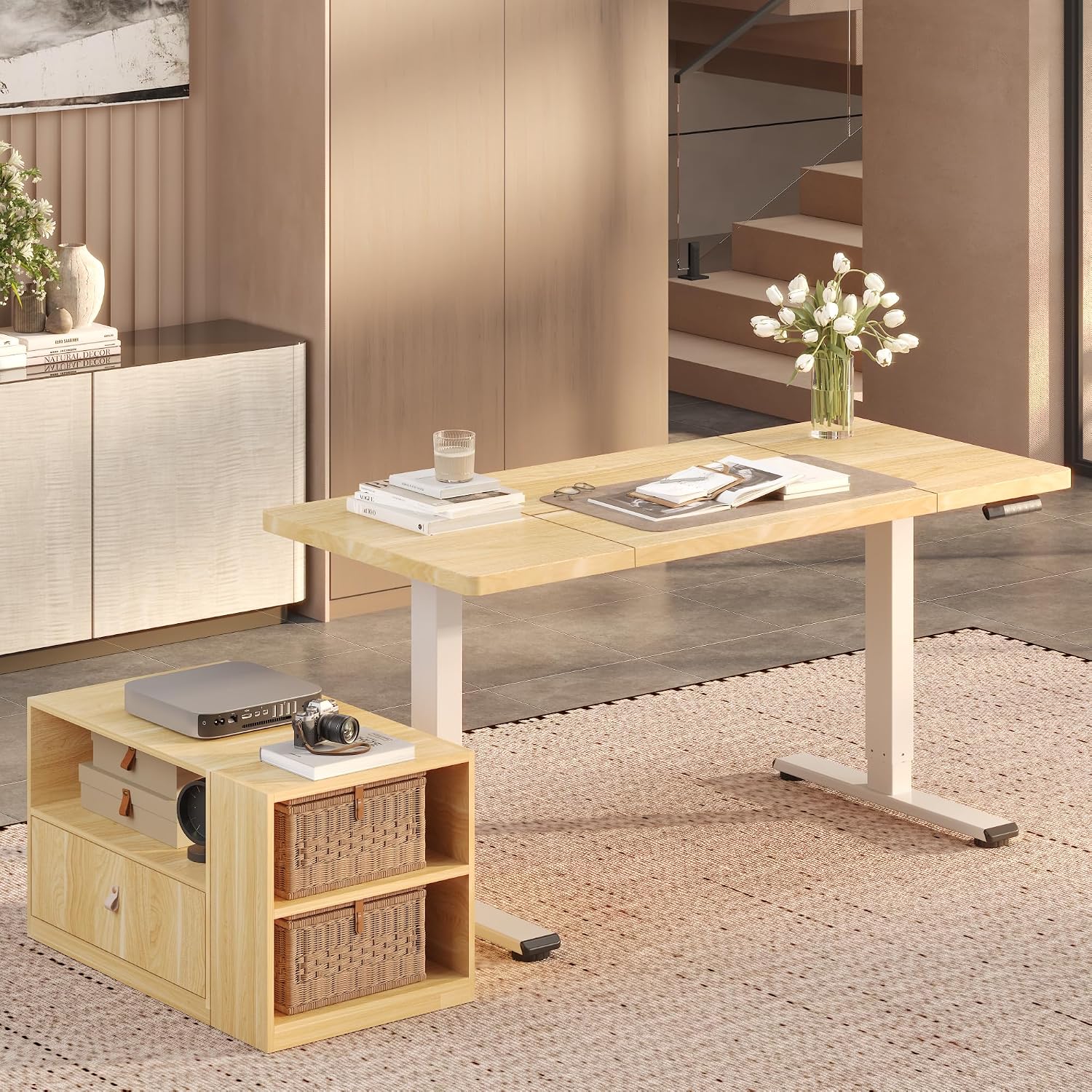 FLEXISPOT L Shaped Executive Standing Desk with Drawers, Large Electric Height Adjustable Desk, Sit Stand Desk for Home Office and Workstation, Mobile Cabinet (63'x32' White Wood Grain)