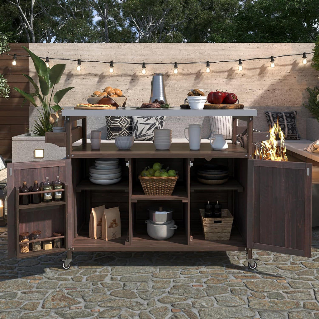 Outdoor Kitchen Rolling Bar Cart with Storage Cabinet, Farmhouse Solid Wood Outdoor Grill Table with Stainless Steel Top, Spice Rack and Towel Rack, Perfect for Barbecue Poolside Patio (Dark Brown)