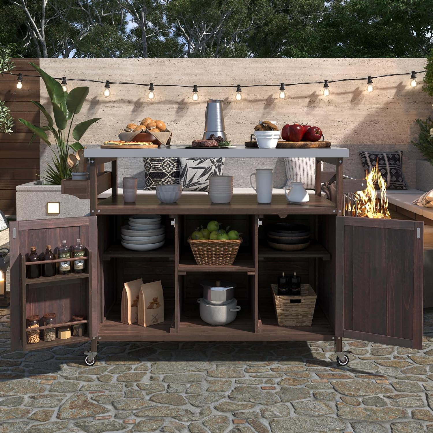 Outdoor Kitchen Rolling Bar Cart with Storage Cabinet, Farmhouse Solid Wood Outdoor Grill Table with Stainless Steel Top, Spice Rack and Towel Rack, Perfect for Barbecue Poolside Patio (Dark Brown)
