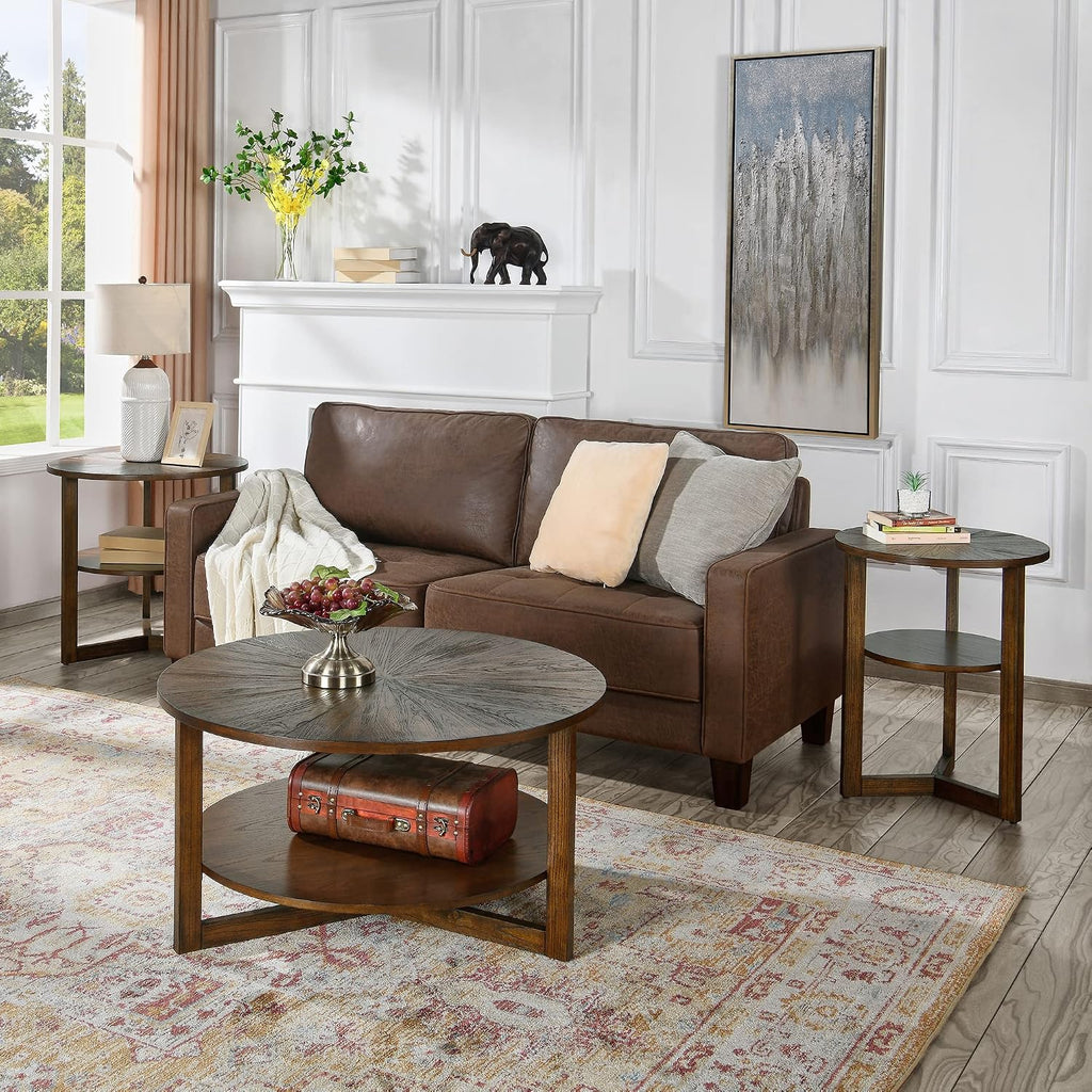Large Round End Table with Storage Shelf, 25.2' Dia Rustic Beside Tables with Umbrella Top, Traditional Circular Sofa Side Table-,Telephone Table for Living Room Easy Assembly, Vintage Brown CJZ3338NC