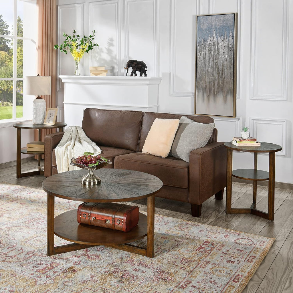 25.2' Large Round End Table with Storage Shelf, Farmhouse Beside Table with Wood Leg, Sofa Side Table, Telephone Table for Living Room, Easy Assembly Vintage Brown CJZ3338NC