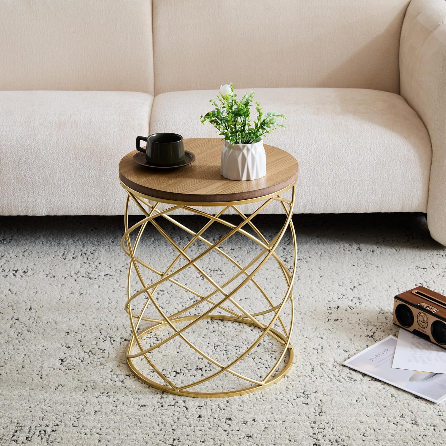 Christopher Knight Home Vevia 17' Golden End Table, Metal Accent Table, Round Wooden Top, Nesting Designed Home Decor, Birdcage Small Coffee Tables for Living Room, Bedroom, No Assembly, Natural+Gold