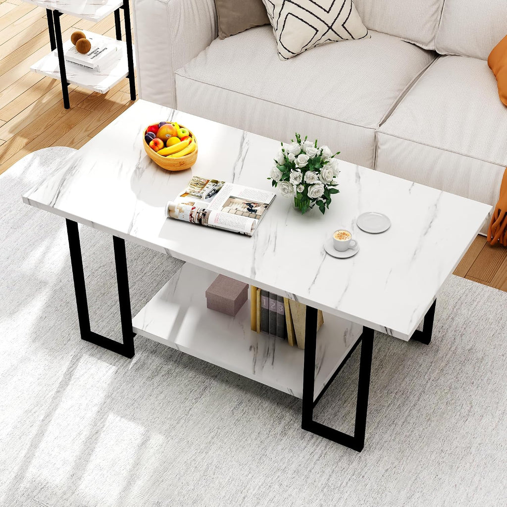 Hooseng Coffee Table Set of 3 Coffee Table and end Table Sets, Modern Living Room Table Set with Metal Frame for Apartment Home Office White Black
