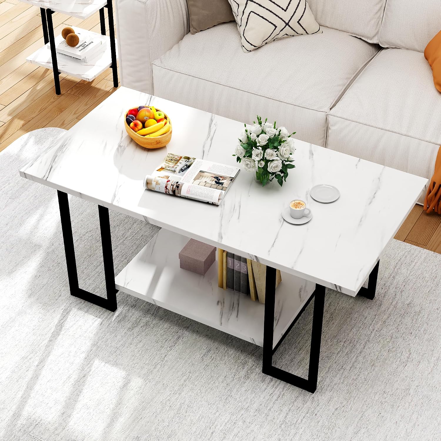 Hooseng Coffee Table Set of 3 Coffee Table and end Table Sets, Modern Living Room Table Set with Metal Frame for Apartment Home Office White Black