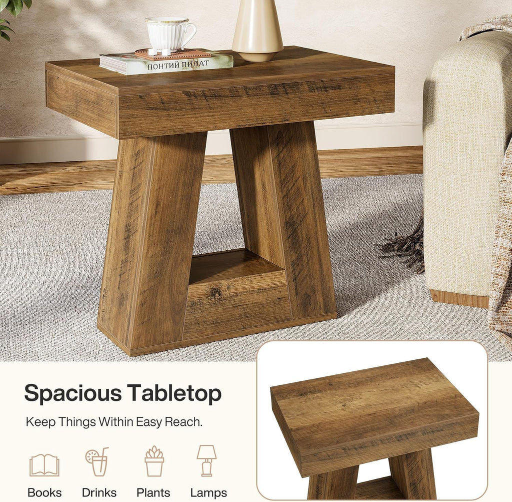 Tribesigns 24' Modern Side Table Set of 2, 2-Tier Narrow Wooden End Table with Trapezoid Base, Farmhouse Small Nightstand for Living Room, Bedroom (Brown)