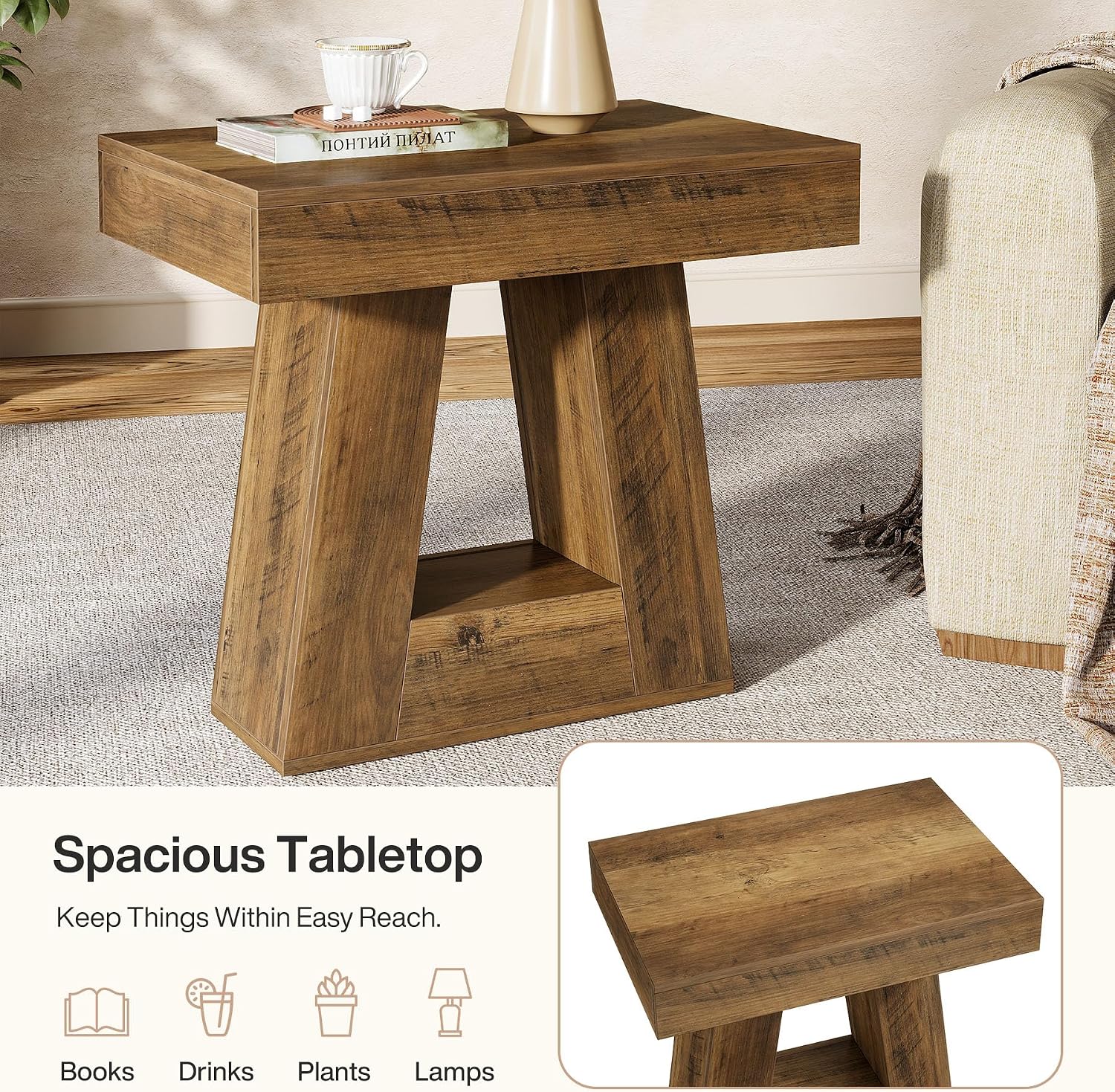 Tribesigns 24' Modern Side Table Set of 2, 2-Tier Narrow Wooden End Table with Trapezoid Base, Farmhouse Small Nightstand for Living Room, Bedroom (Brown)