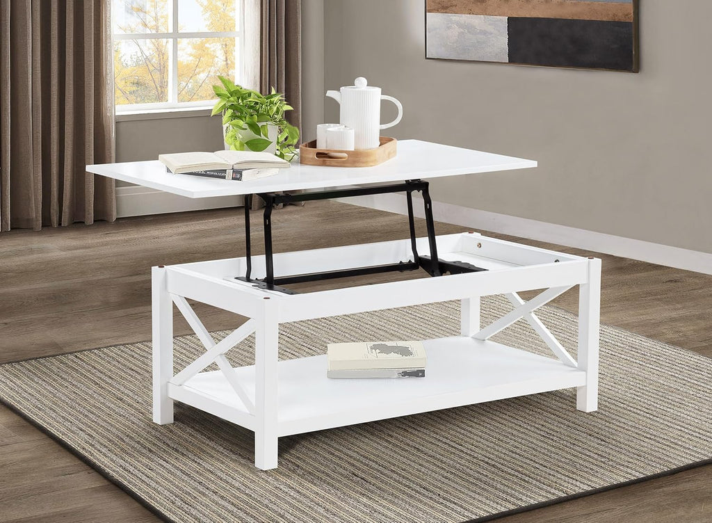 Coaster Home Furnishings - Skyview - Wood - Rectangular Coffee Table with Lift-Top Design, Hidden Storage, Cross-Frame Base and Lower Shelf - Living Room - White - 722088