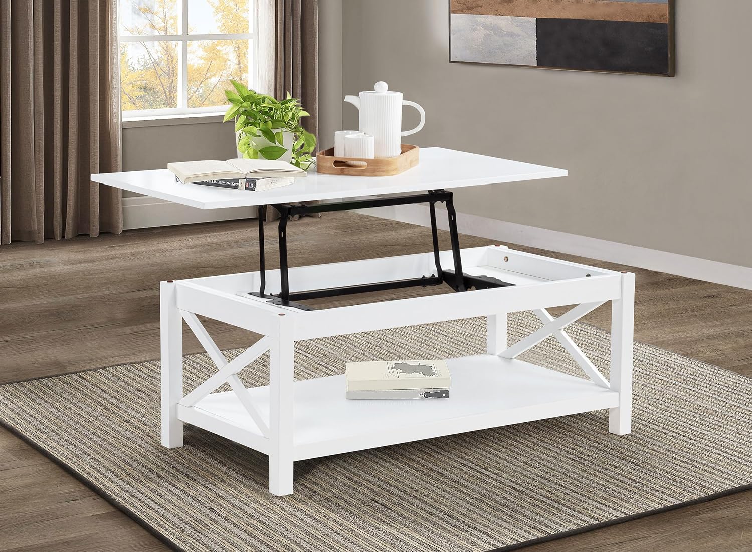 Coaster Home Furnishings - Skyview - Wood - Rectangular Coffee Table with Lift-Top Design, Hidden Storage, Cross-Frame Base and Lower Shelf - Living Room - White - 722088