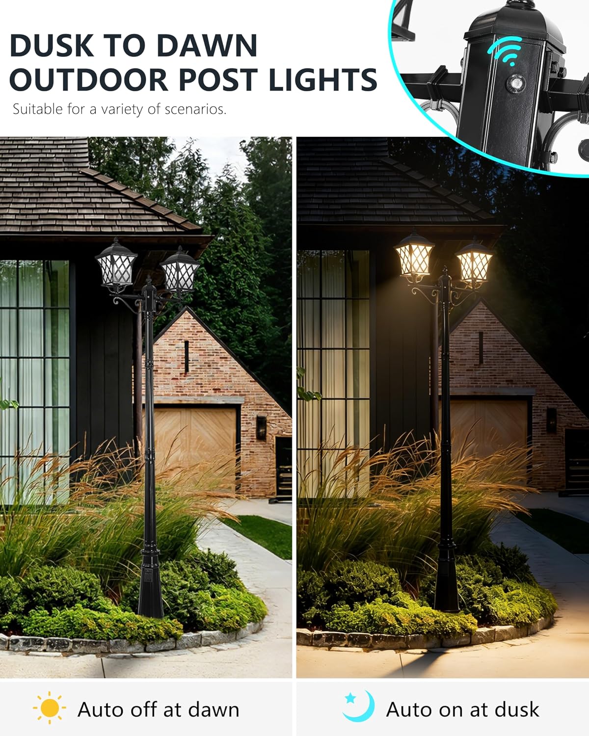2-Head Outdoor Lamp Post Light with Outlet, 94″ Dusk to Dawn Street Light Pole Waterproof Aluminum Outdoor Post Lights, Black Exterior Lighting for Garden Yard Driveway (2 LED Bulbs Included)