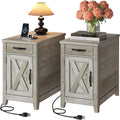 IRONCK End Table with Charging Station, Narrow Side Table for Living Room, Night Stand Set of 2 with Drawer and Cup Holder, Farmhouse Bedside Table with USB Ports and Outlets for Home, Beige Maple