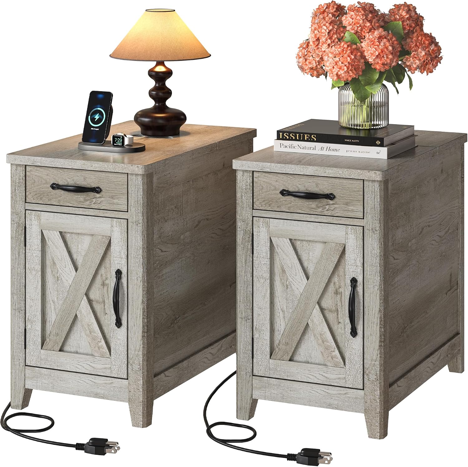 IRONCK End Table with Charging Station, Narrow Side Table for Living Room, Night Stand Set of 2 with Drawer and Cup Holder, Farmhouse Bedside Table with USB Ports and Outlets for Home, Beige Maple