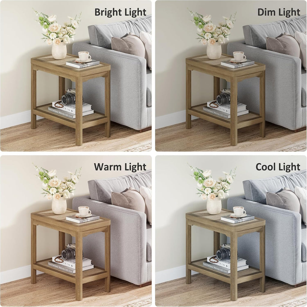 Eclatara Night Stand Set of 2, Farmhouse End Table with 2 Tier Boho Rattan Shelves, Side Tables with Round Edge Design, Ultra-Thick Legs Bedside Nightstand for Bedroom, Caramel Oak