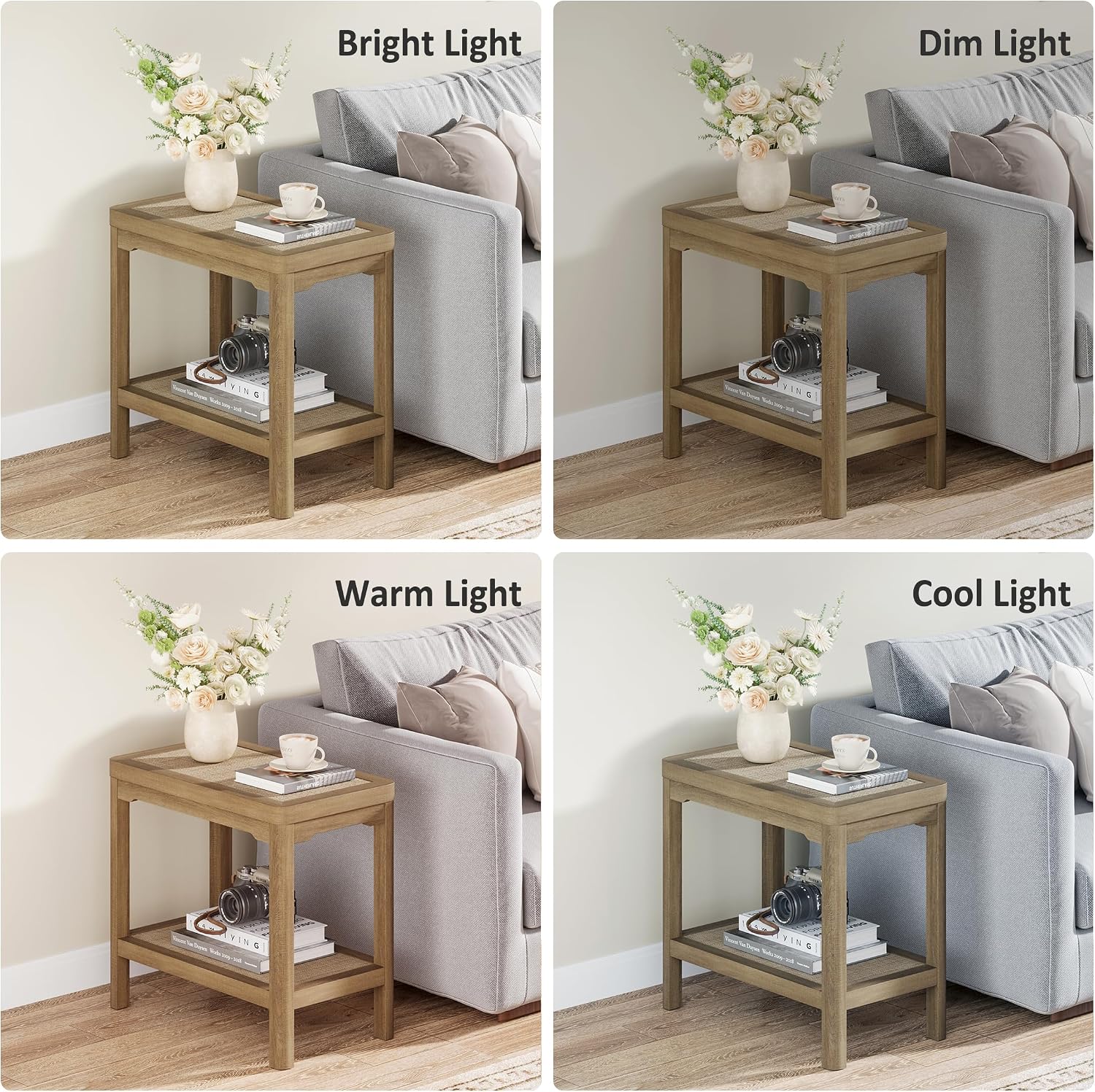 Eclatara Night Stand Set of 2, Farmhouse End Table with 2 Tier Boho Rattan Shelves, Side Tables with Round Edge Design, Ultra-Thick Legs Bedside Nightstand for Bedroom, Caramel Oak