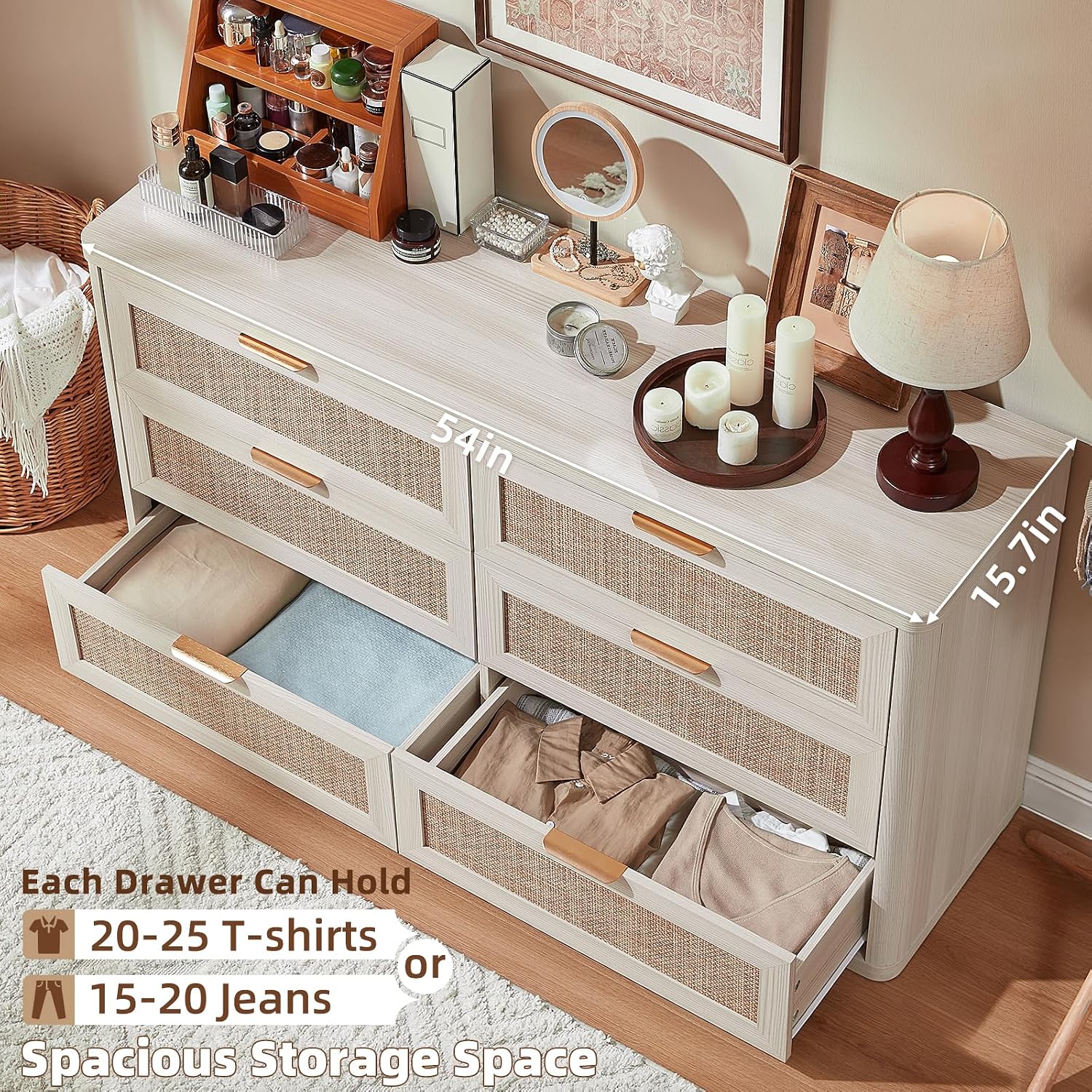 LEYAOYAO Rattan 6 Drawer Dresser for Bedroom Set of 2, Boho 54' Wide White Dresser Chest of Drawers, Dressers TV Stand with Metal Handle, Storage Dressers Closet Organizer for Living Room, Hallway