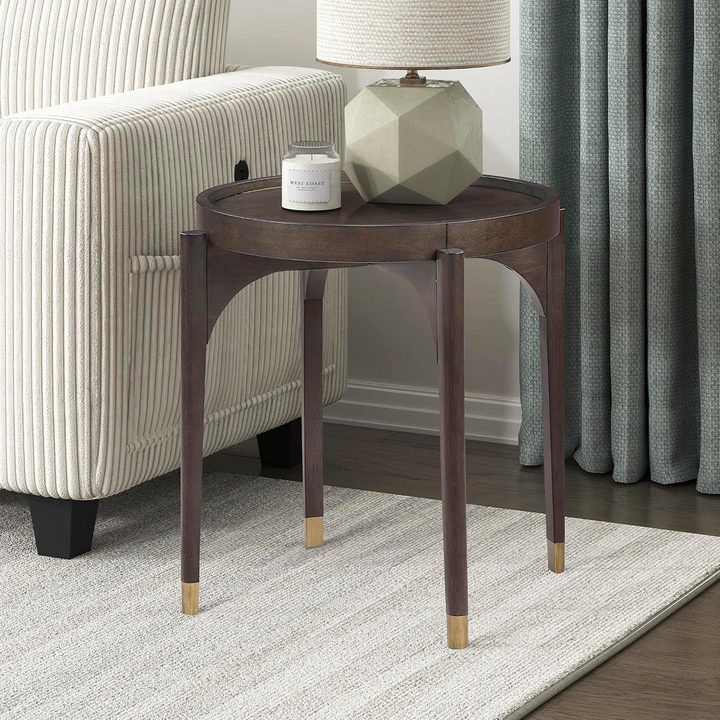 Lexicon Wood Round End Table with Gold Metal Cap, 36' Dia. Mid Century Modern Round Birch Wood Veneer Sofa Side Table for Contemporary Living Room, Easy Assembly, Dark Brown