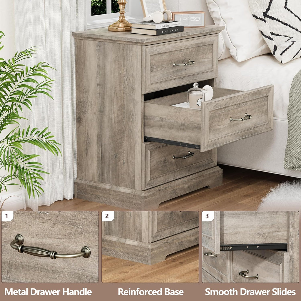 Nightstand Set of 2,24' Wide End Table with 3 Large Drawers & Metal Handles,Rustic Farmhouse Wood Small Dresser,Bedside Table,Modern Chest of Drawers for Bedroom,Living Room,Grey