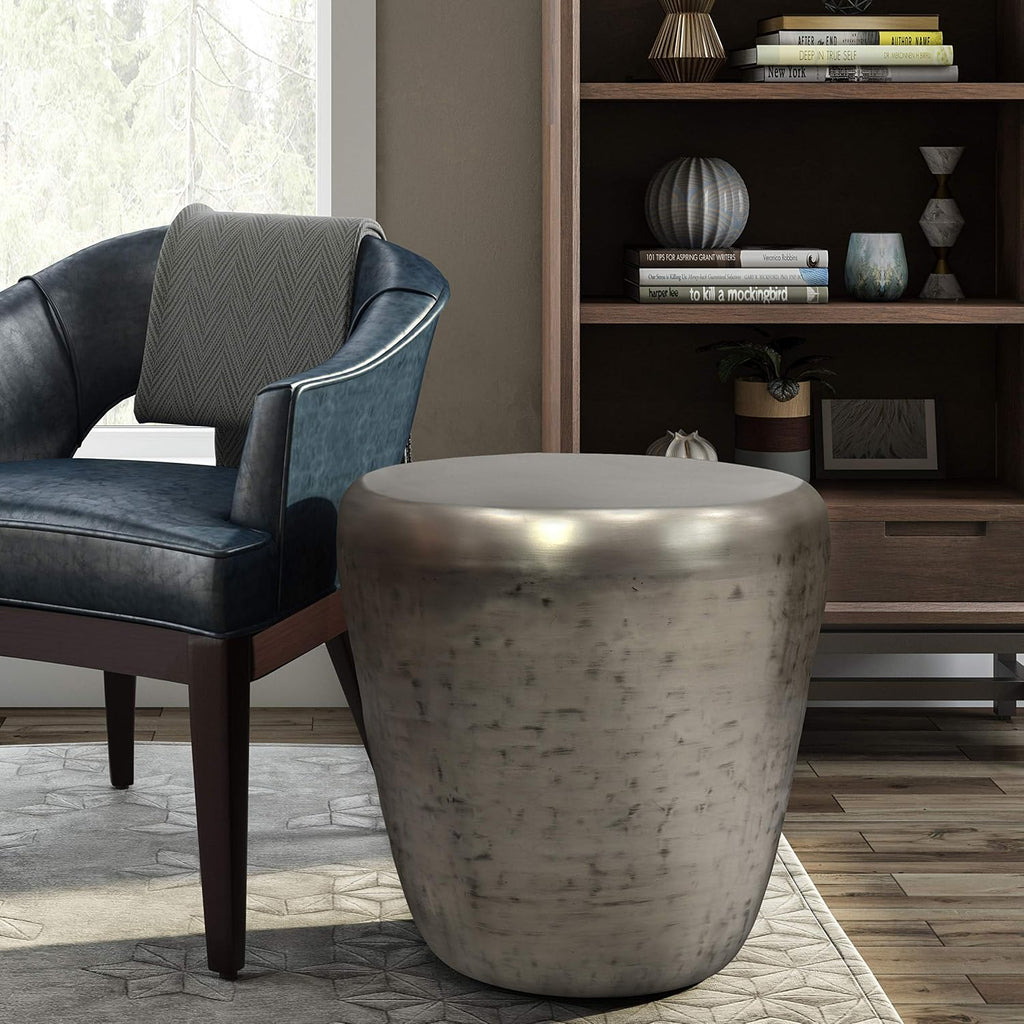 SIMPLIHOME Garvy Metal Side Table - 22 inch Wide Solid Metal Round Drum Accent Table in Antique Silver, Industrial Living Room Center Table or End Table with Textured Finish, Assembled
