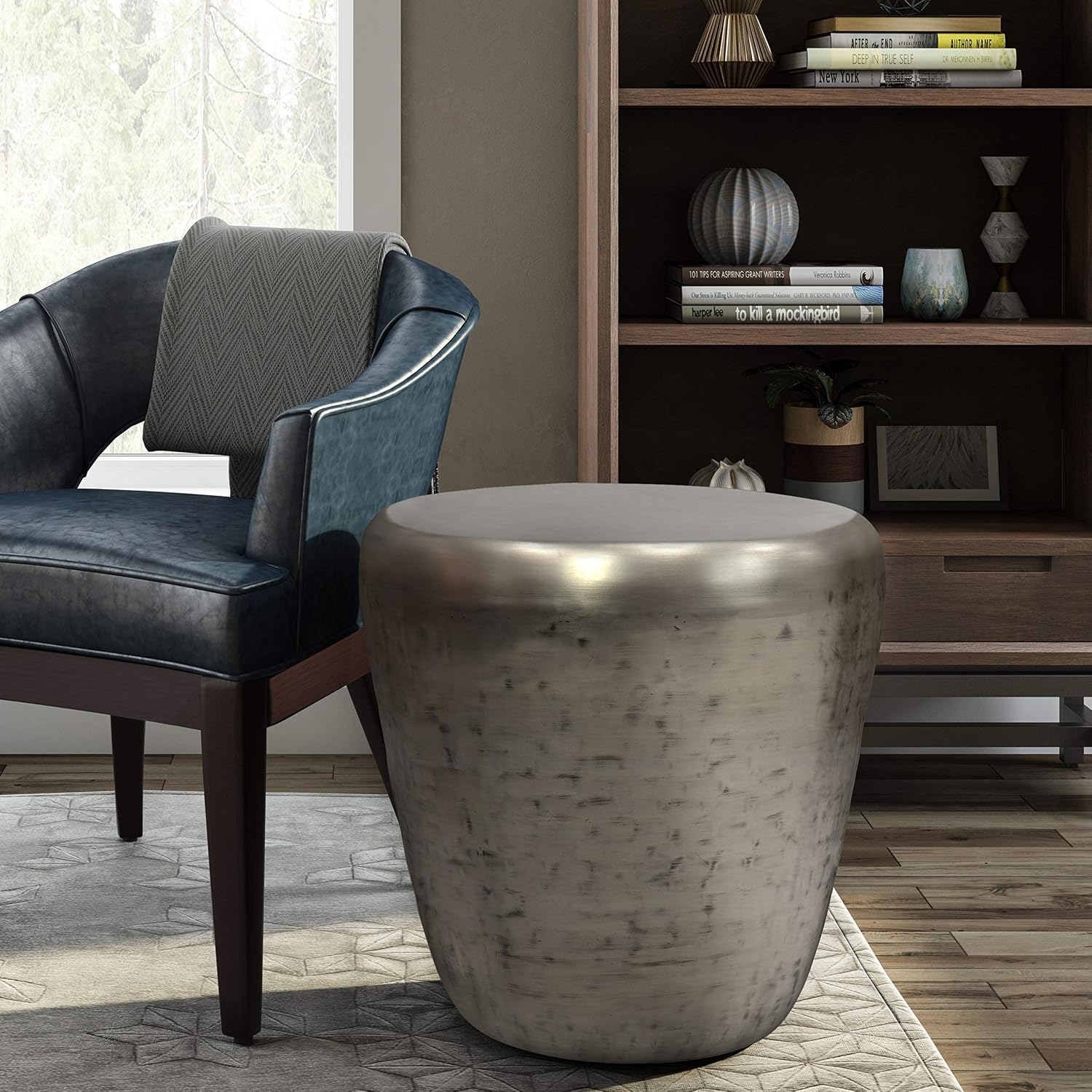 SIMPLIHOME Garvy Metal Side Table - 22 inch Wide Solid Metal Round Drum Accent Table in Antique Silver, Industrial Living Room Center Table or End Table with Textured Finish, Assembled