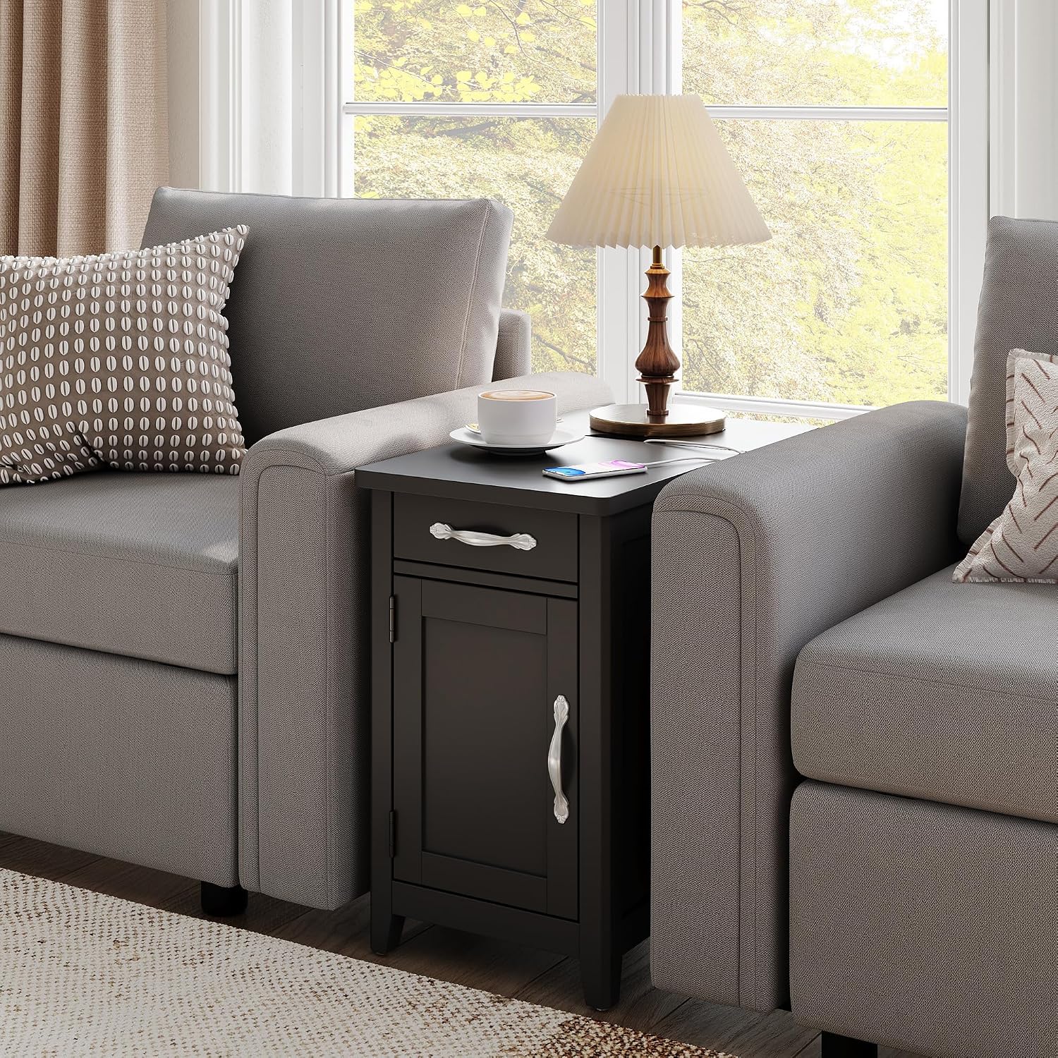 LINSY HOME End Table Set of 2 with Charging Station, Modern Farmhouse Sofa Couch Side Table, Wooden Bedside Table for Living Room Bedroom, Narrow Nightstand with Storage for Small Space, Black