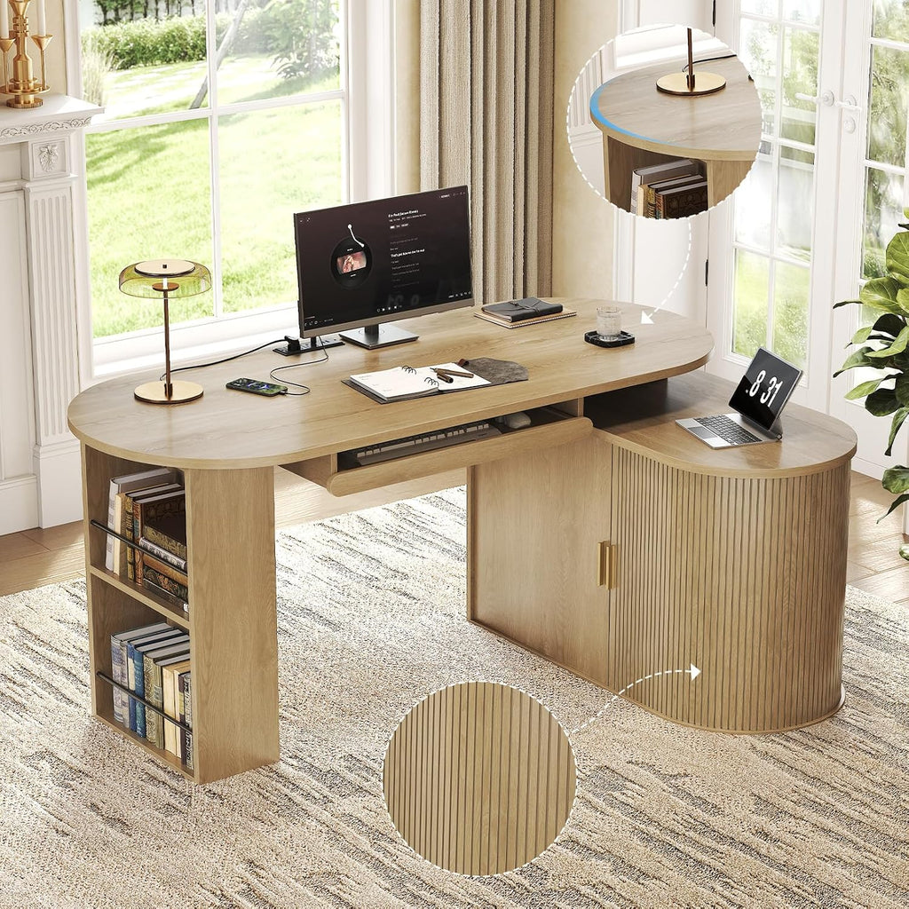 HSH L Shaped Computer Desk with Storage, Reversible Office L Desks with Cabinet and Keyboard Tray, Home Office Corner Executive Desk with Power Outlet, Oak 60 Inch