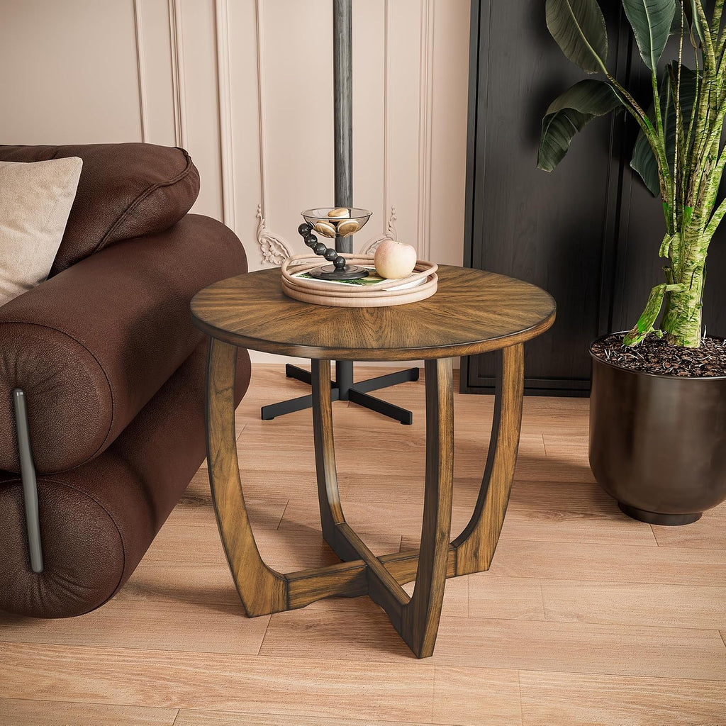 Solid Wood Round End Table with Splicing Top, Farmhouse Sofa Side Table, Beside Corner Table, Large Telephone Table for Living Room, Bedroom, 23.6' Dia x 21.7'H , Easy Assembly, Rustic Brown CJZ3223