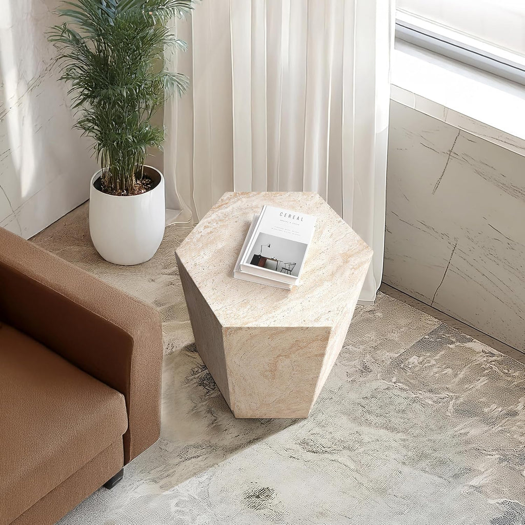 Empire Art Direct Hexagonal Travertine Stone Finish Italian Design MgO Side Accent Table, Living Room, Bedroom & Office, 14.6'x14.6'x18.1'