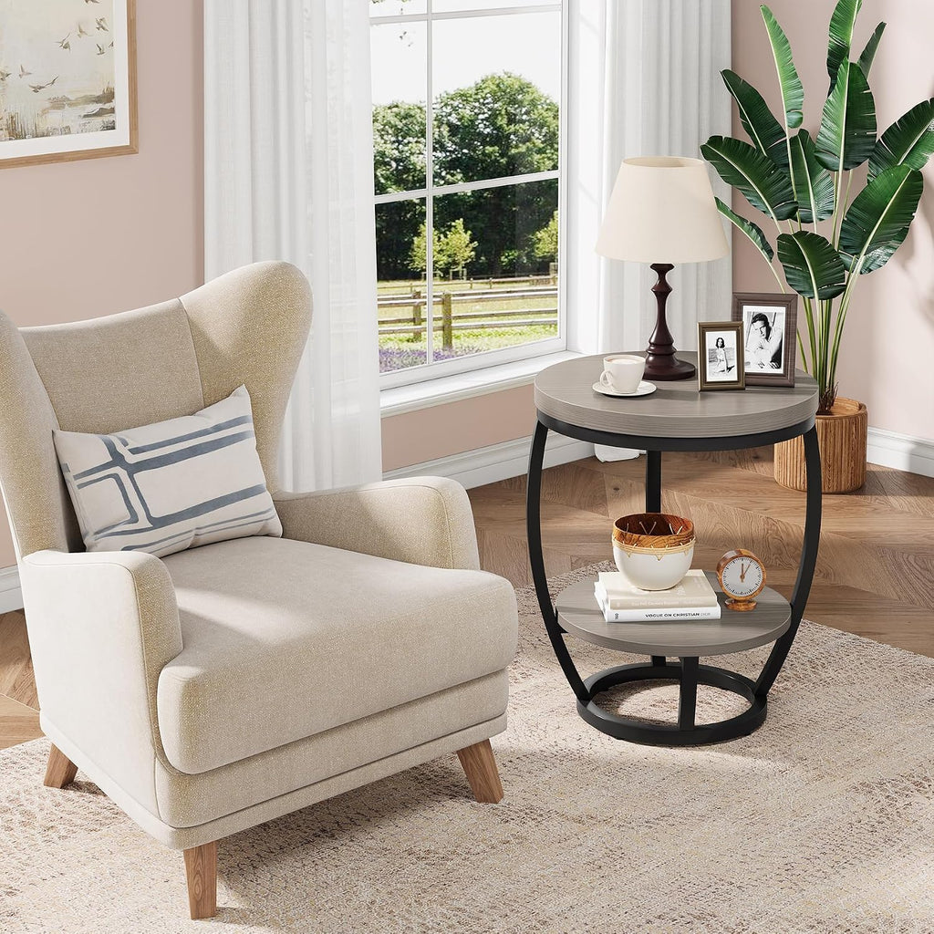 Round End Table Set of 2, 2 Tier Industrial Side Table, Nightstand with Metal Frame, Accent Bedside Table with Storage Shelves for Living Room, Bedroom, Small Spaces, Gray Brown & Black