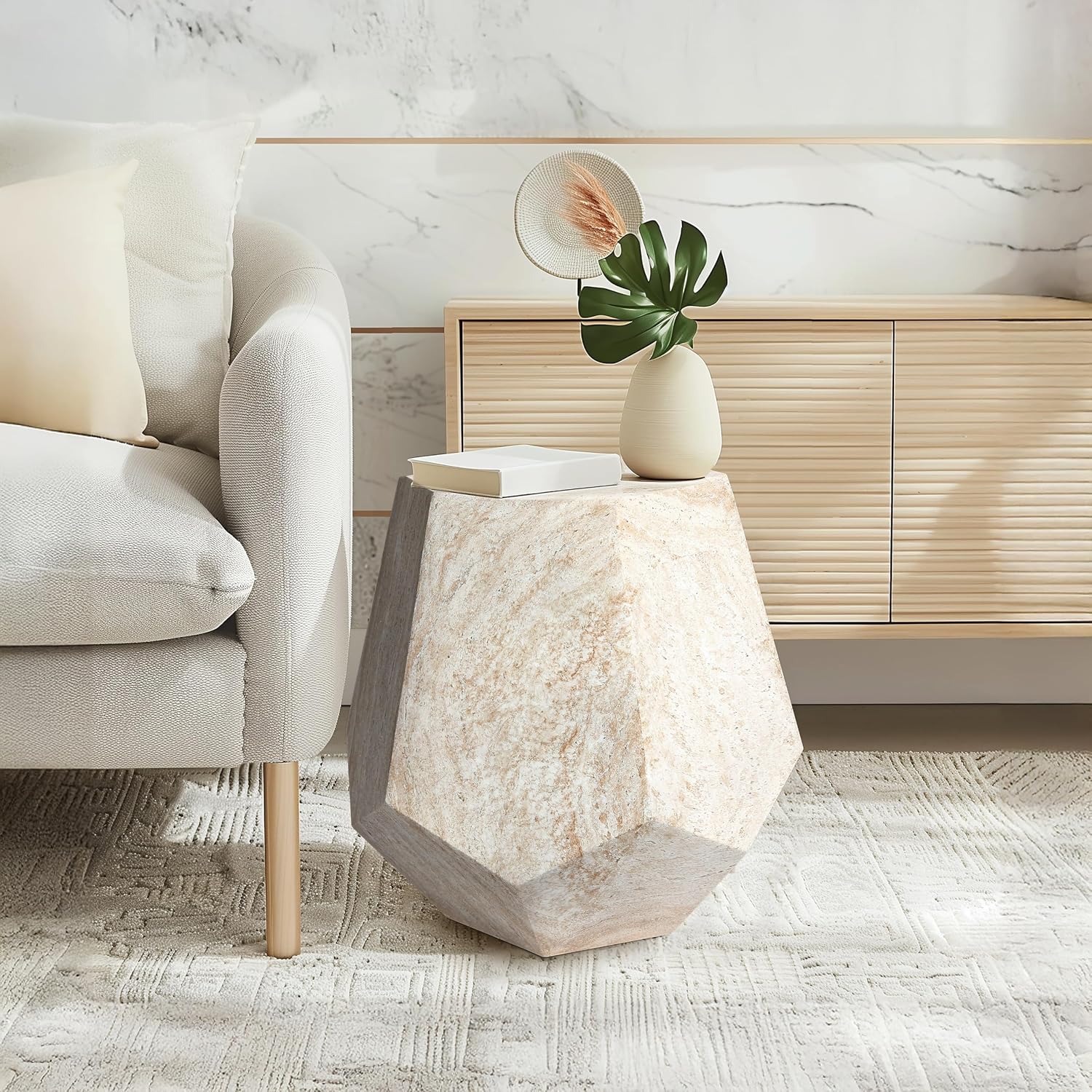 Empire Art Direct Geaometric Travertine Stone Finish Italian Design MgO Side Accent Table, Living Room, Bedroom & Office, 19.6'x19.6'x18.9'