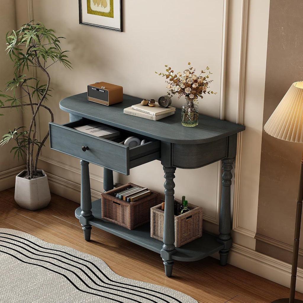 SOFTSEA Farmhouse Curved Console Table with Storage Drawer and Open Shelf, Rustic Curved Entryway Table for Living Room Hallway, 36 inch Conosle Table, Navy