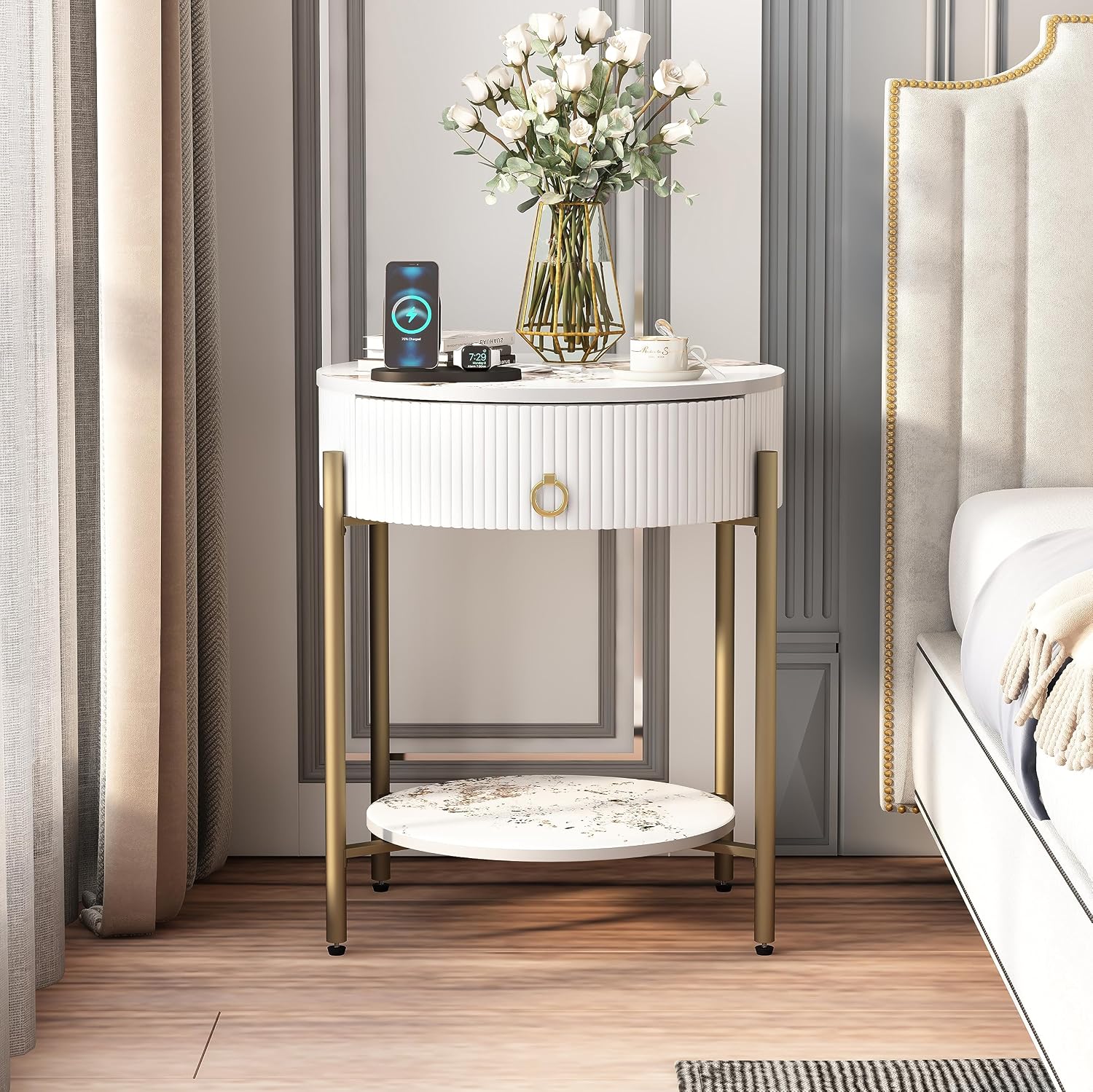 OIOG Modern End Table with Storage Drawer, Round 2-Tier Nightstand with Shelf, Gold Side Table with Metal Legs for Living Room, Bedroom, Office, Marbling Natural Stone/Gold