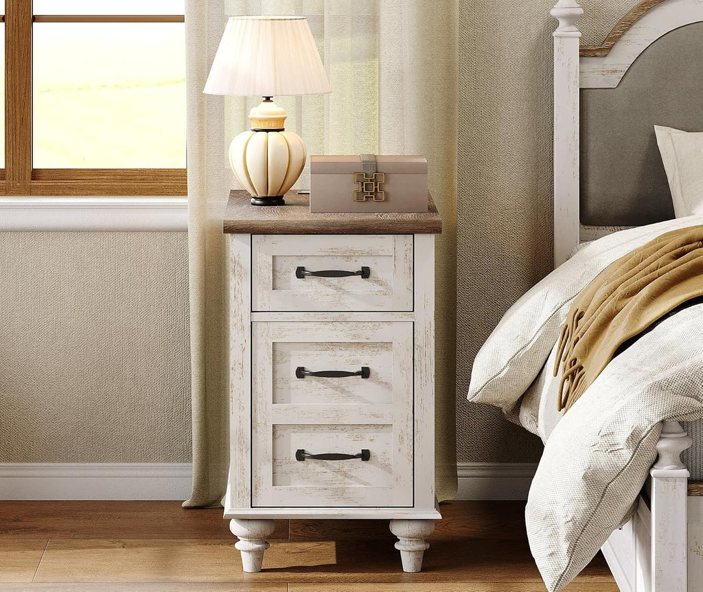 WAMPAT End Table with Charging Station, Antique White Side Table with Storage Cabinet & Drawer, Wooden Nightstand with Power Outlets & Type-C USB Ports for Bedroom, Dorm