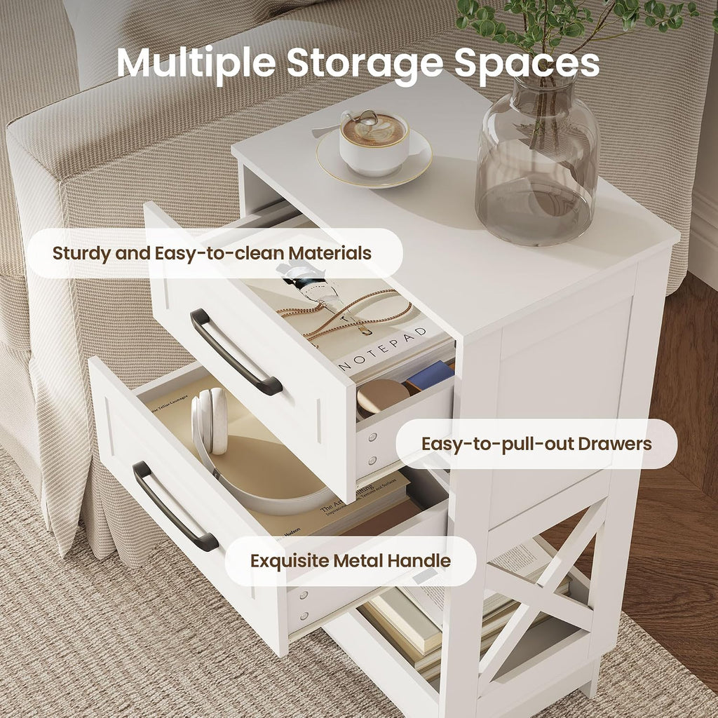 Tall Nightstand Set of 2 Side Table with 2 Drawers Modern Night Stand Wooden End Table Bedside Table with Below Open Shelf Solid Feet for Bedroom White