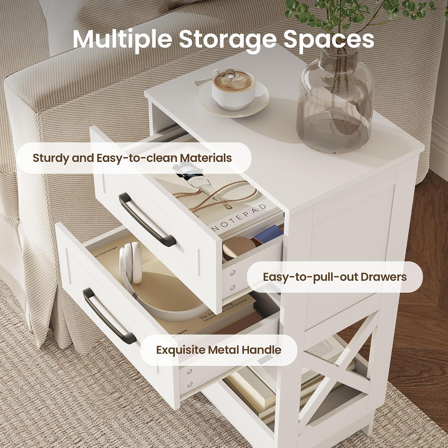 Tall Nightstand Set of 2 Side Table with 2 Drawers Modern Night Stand Wooden End Table Bedside Table with Below Open Shelf Solid Feet for Bedroom White