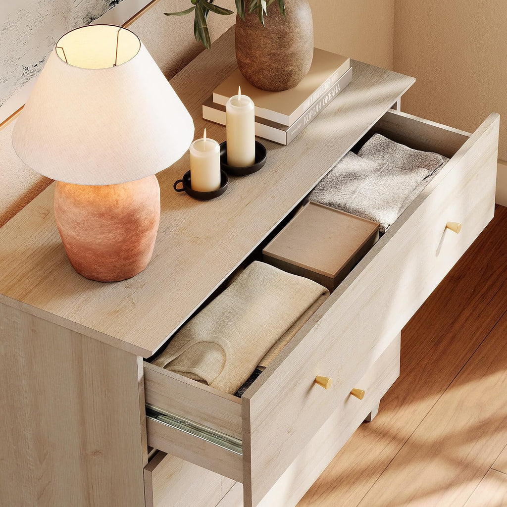WAMPAT Set of 2 Nightstands with 3 Wide Drawers for Bedroom, Modern Wood Bedside Tables Chest Dressers Night Stands, Large Sofa Side End Tables for Living Room, Light Oak, 35 Inches