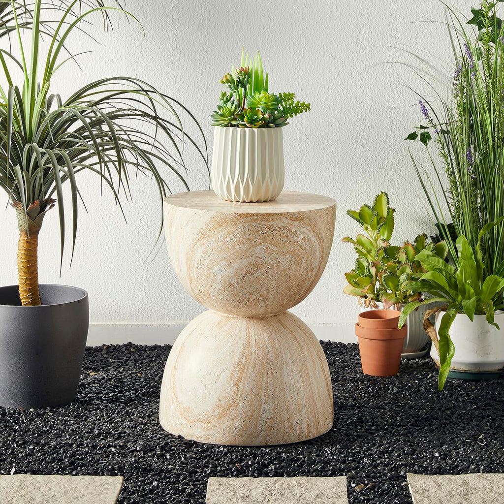 Glitzhome Outdoor Side Table, 17.75' H Decorative Garden Stool MGO Hourglass Faux Terrazzo End Table, Round Planter Stand for Indoor Outdoor Living Room Bedroom Patio Deck Poolside