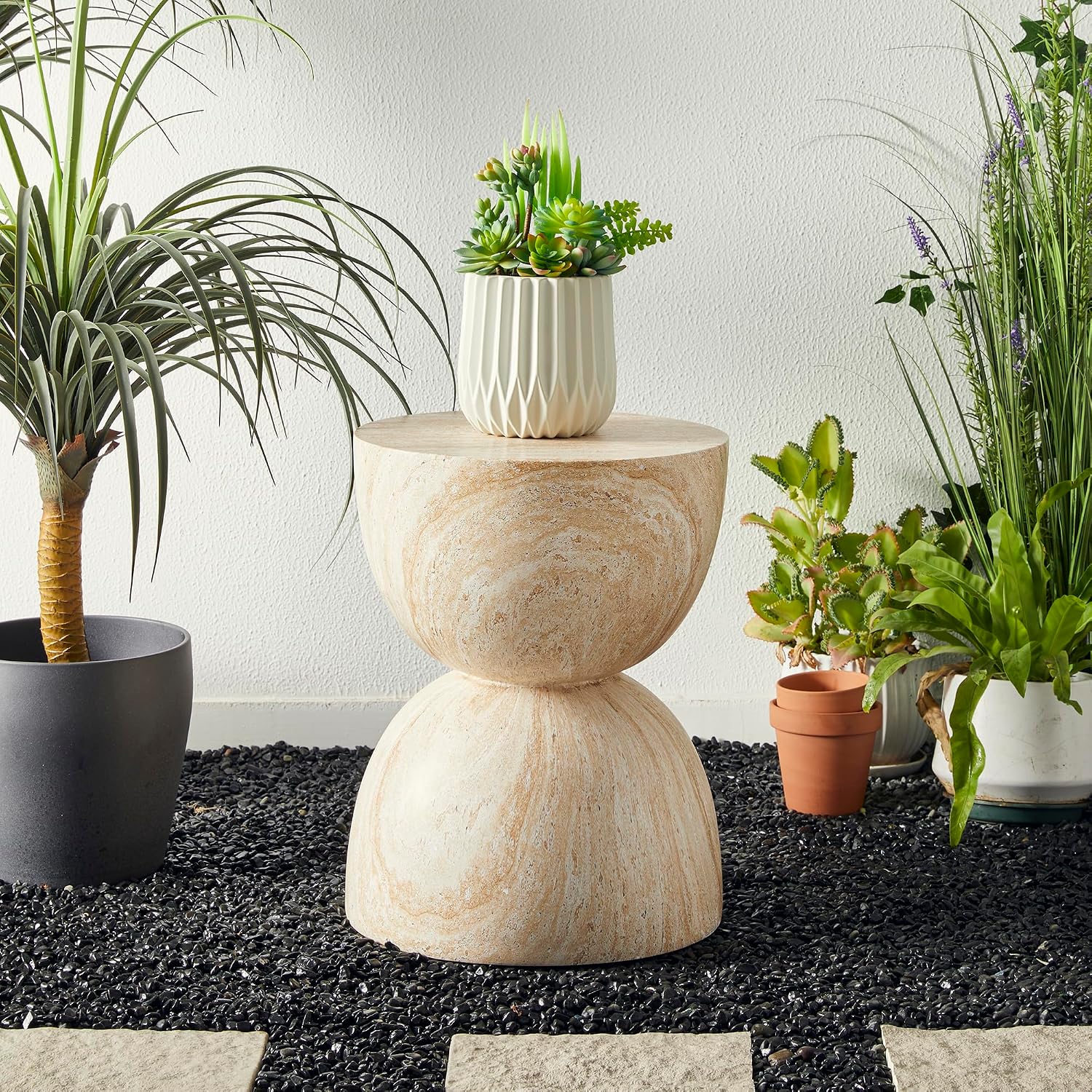 Glitzhome Outdoor Side Table Set of 2, 17.75' H Decorative Garden Stool MGO Hourglass Faux Terrazzo End Table, Round Planter Stand for Indoor Outdoor Living Room Bedroom Patio Deck Poolside