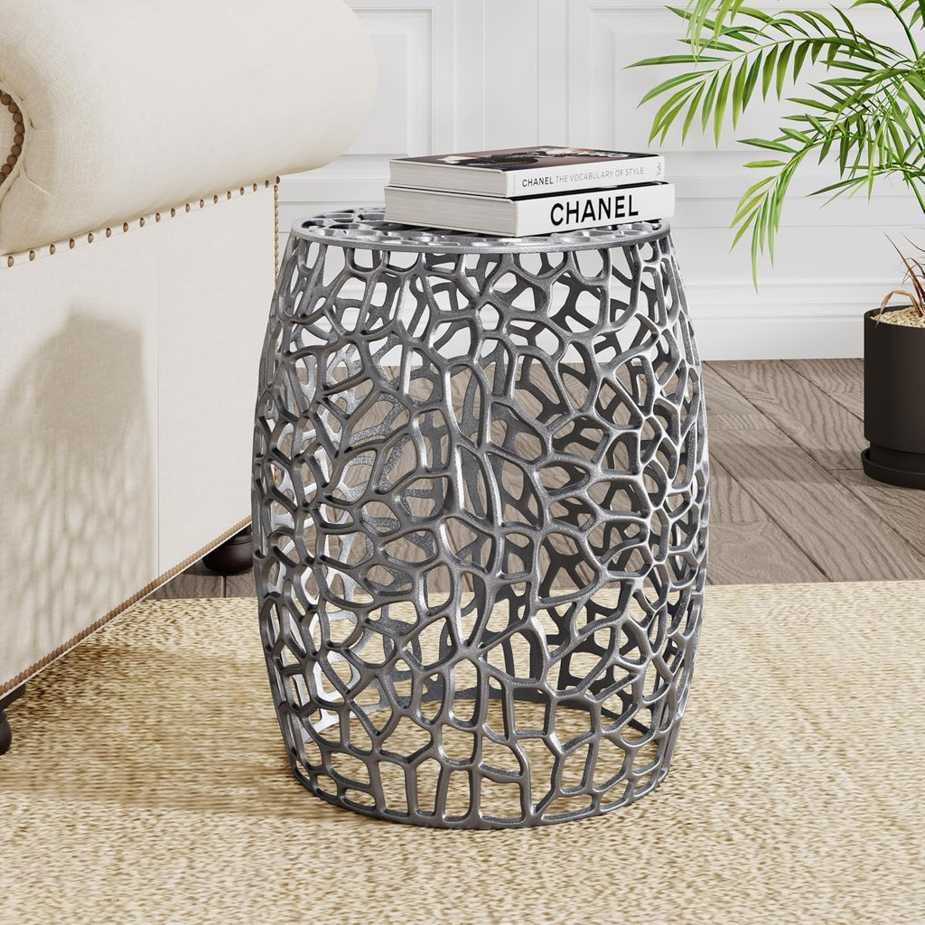 Christopher Knight Home Helast Aluminium Side Table, 14.00'' W Round Sofa Side Table, Modern Indoor Accent Table for Living Room Bedroom Home Office, Abstract Hollow, Silver