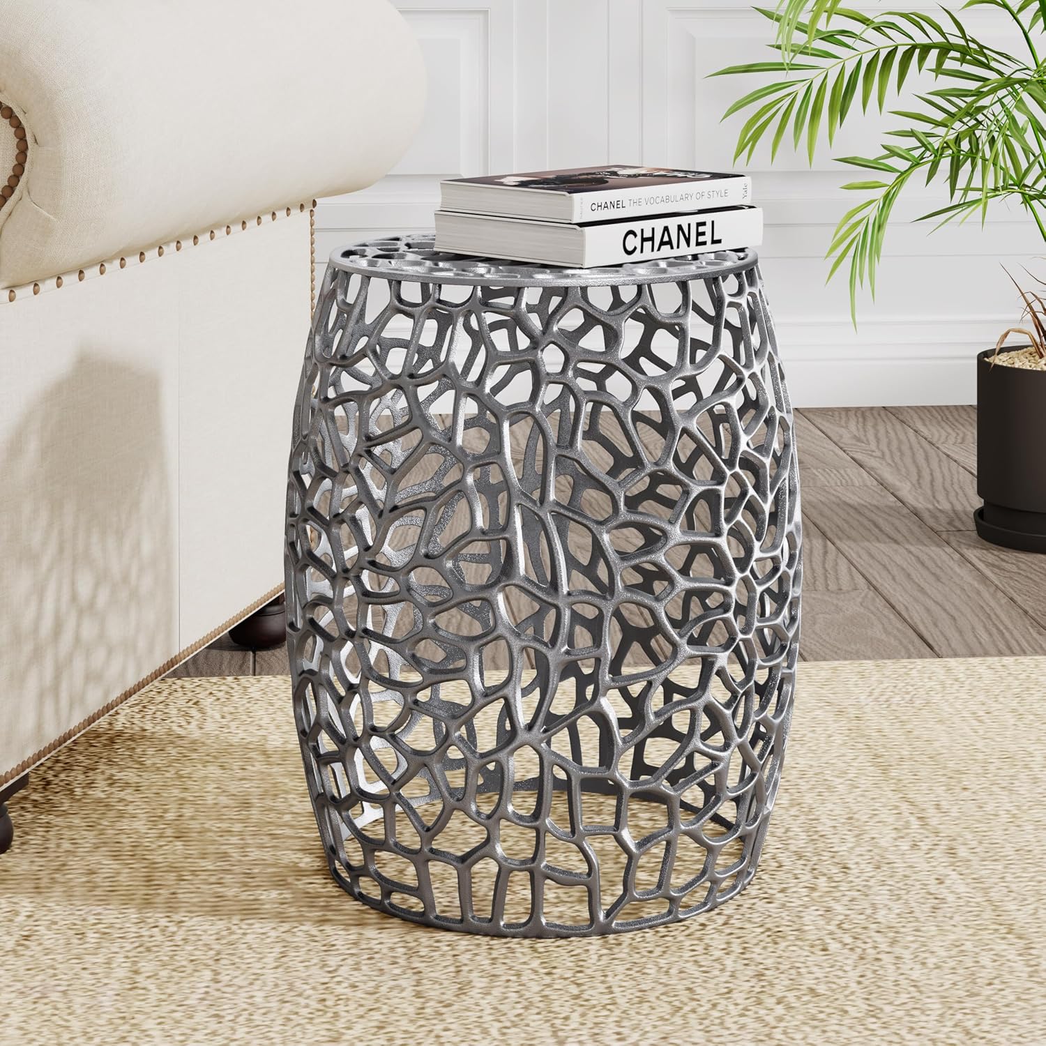 Christopher Knight Home Helast Aluminium Side Table, 14.00'' W Round Sofa Side Table, Modern Indoor Accent Table for Living Room Bedroom Home Office, Abstract Hollow, Silver