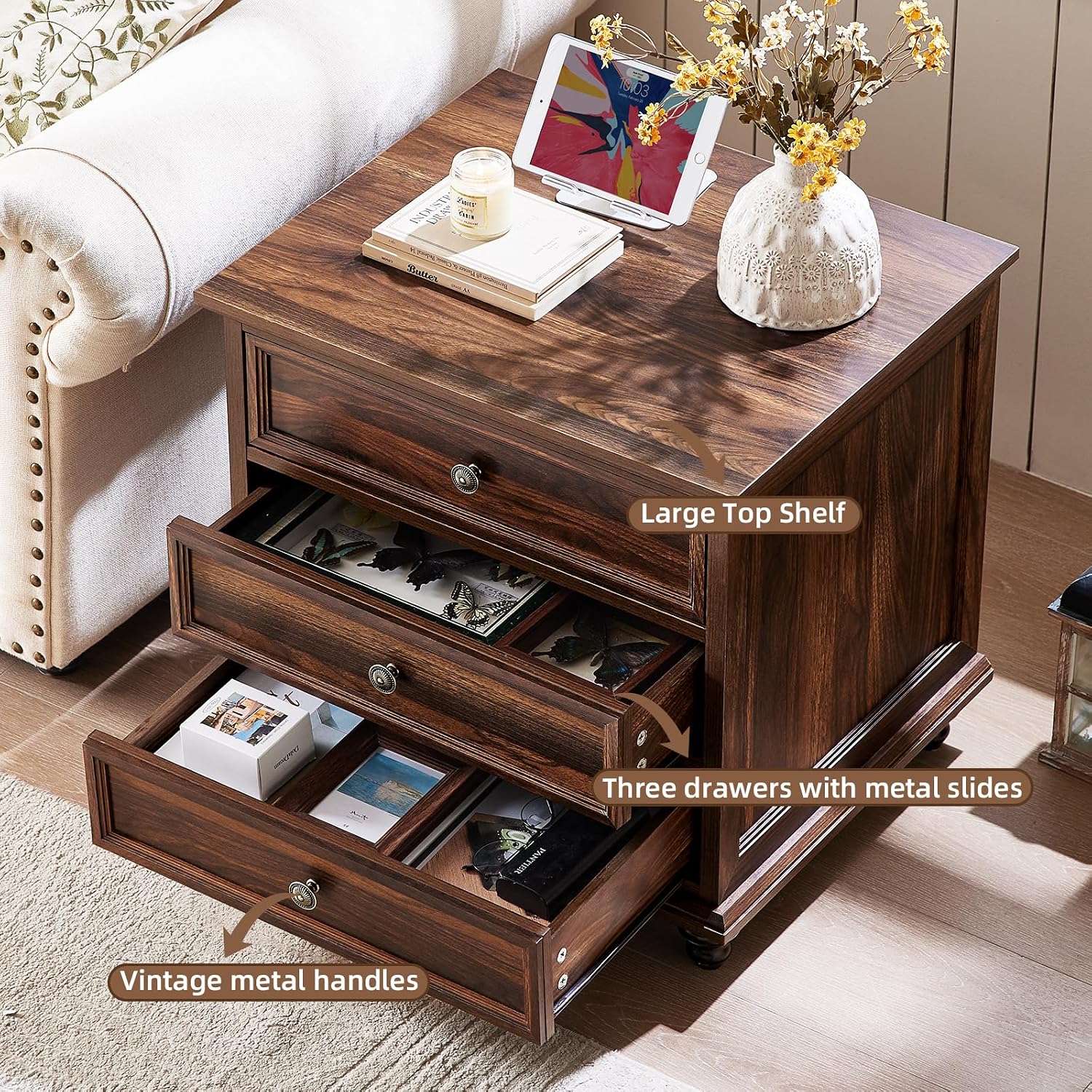 Joaxswe 24' Wide Farmhouse Night Stand Set of 2,Large End Table with 3 Drawers & Metal Handle,Brown Wood Dresser for Bedroom Cabinet, Bed Side Table Chest of Drawers,Nightstand for Living Room,Closet