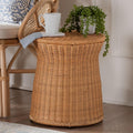 Bali & pari Caroline Round Natural Rattan End Table – Handwoven Wicker Drum Shape Accent Table for Living Room or Sunroom, Light Honey