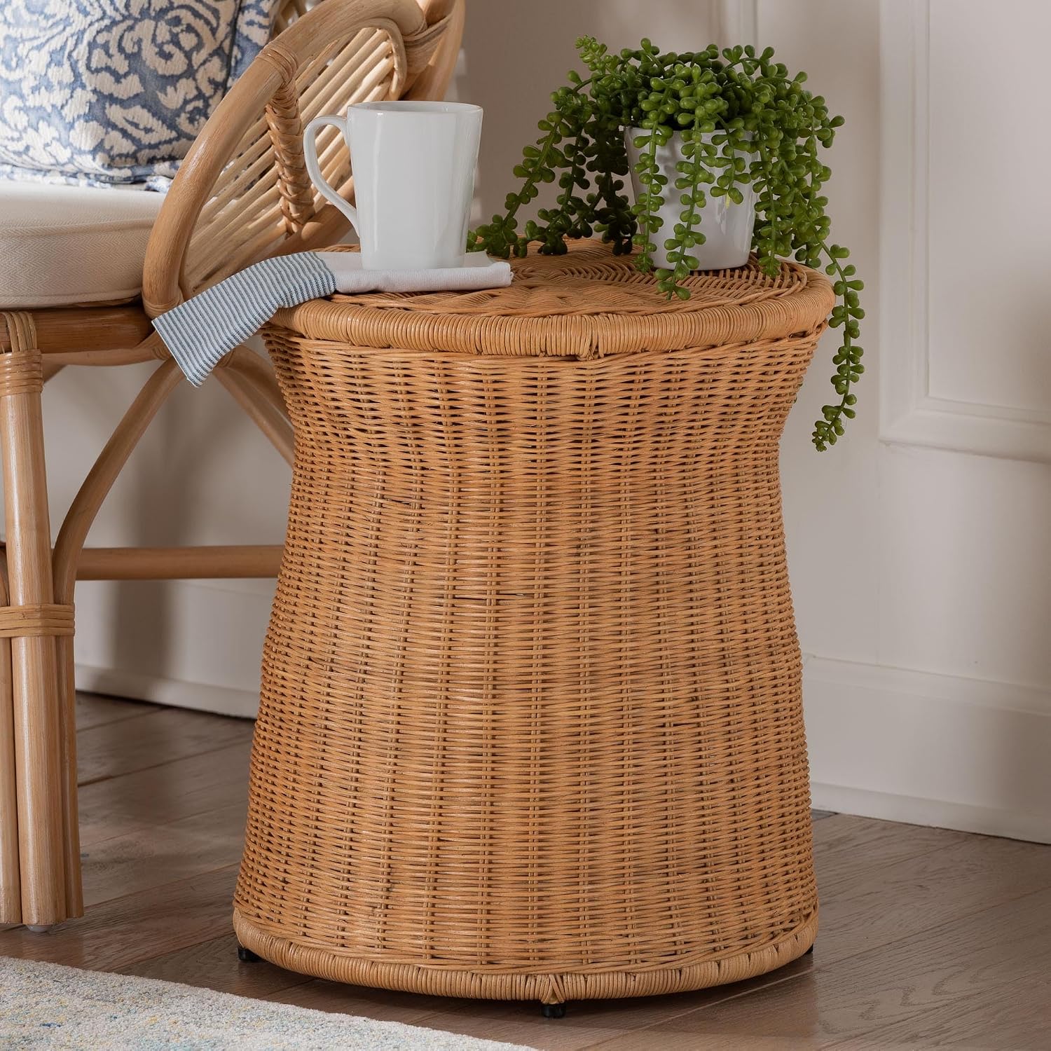 Bali & pari Caroline Round Natural Rattan End Table – Handwoven Wicker Drum Shape Accent Table for Living Room or Sunroom, Light Honey