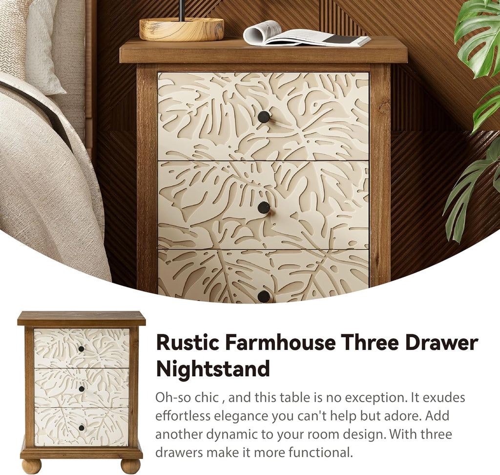 COZAYH Farmhouse 3-Drawer Nightstand with Leaves Pattern Carved, Set of 2 Vintage French Country End Table for Bedroom, Living Room, Distressed Finish, White & Brown