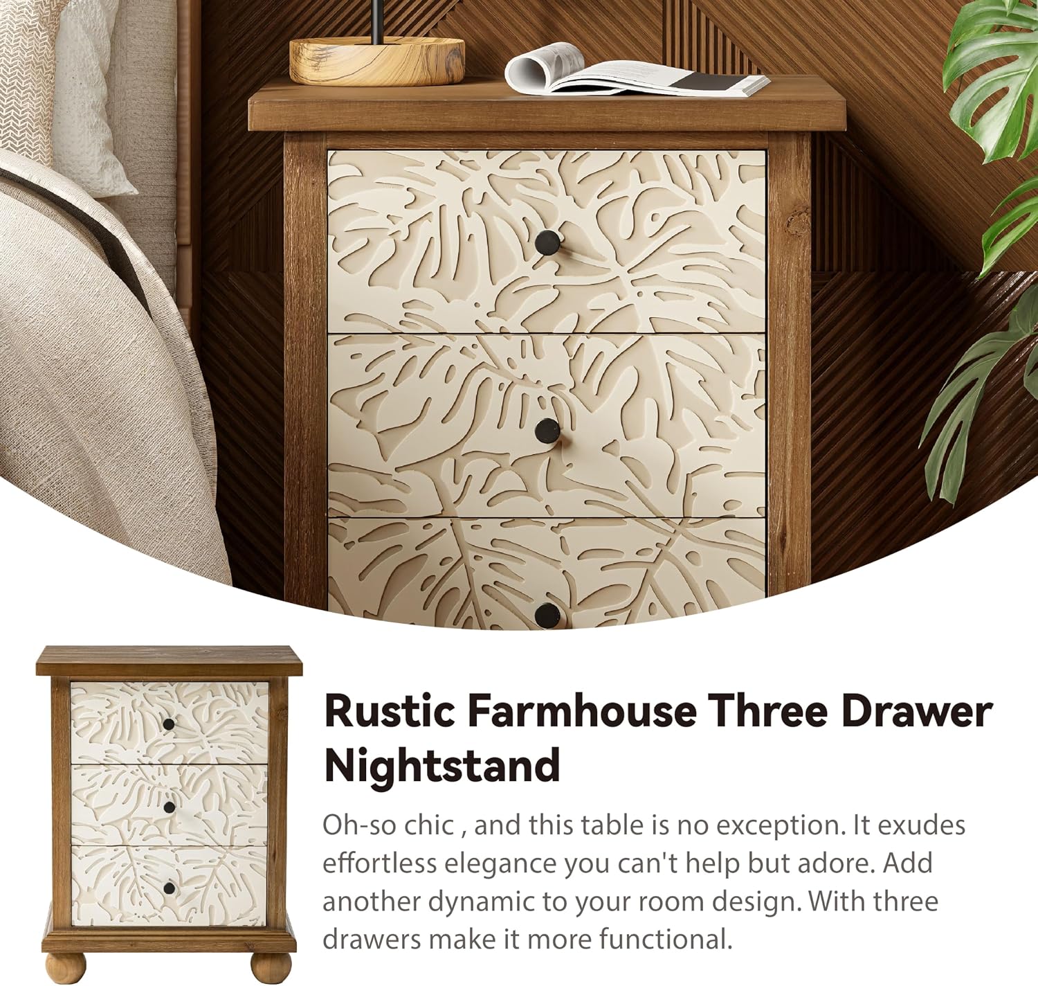 COZAYH Farmhouse 3-Drawer Nightstand with Leaves Pattern Carved, Set of 2 Vintage French Country End Table for Bedroom, Living Room, Distressed Finish, White & Brown