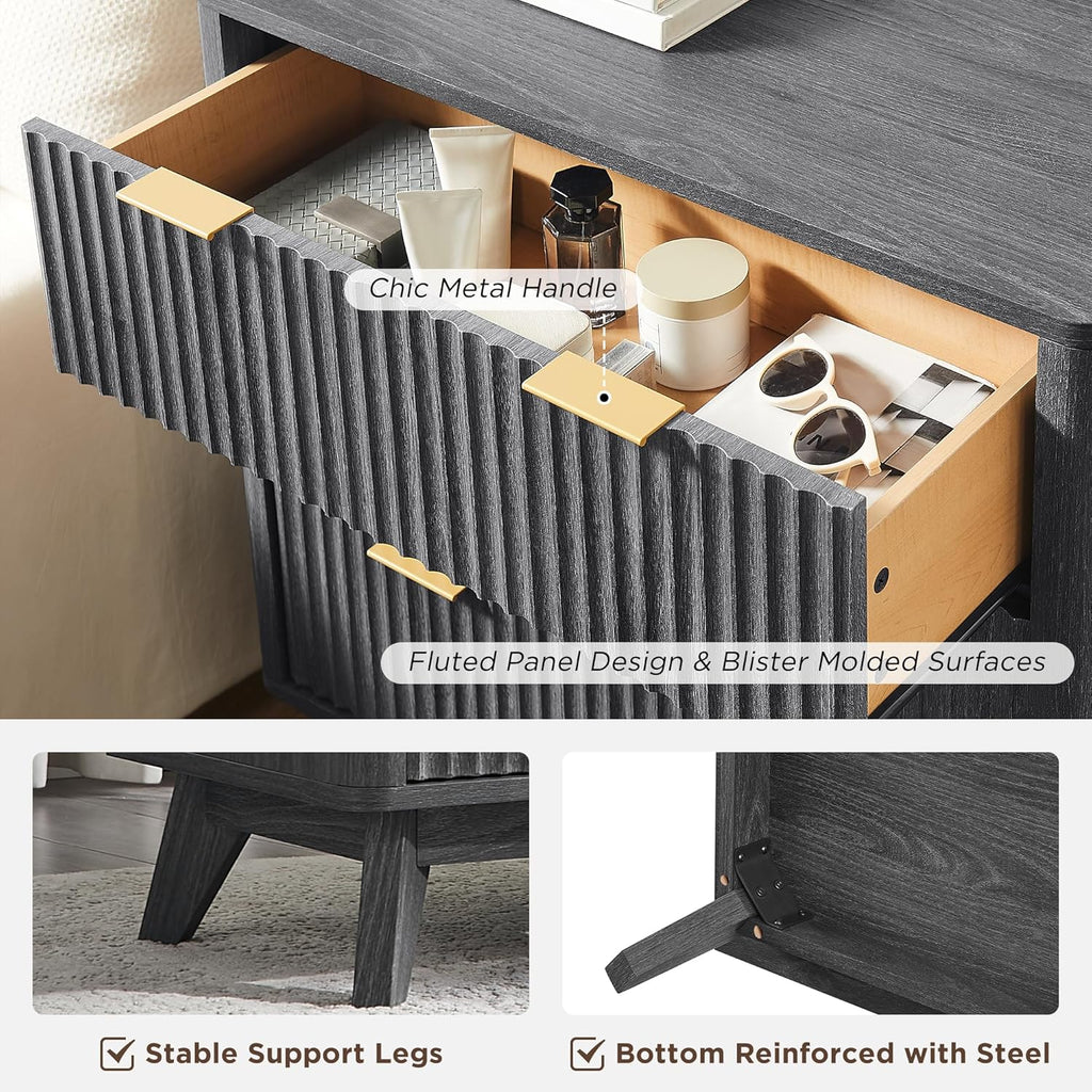 T4TREAM Fluted 3 Drawers Nightstand Set of 2, Oversized Extra Large Modern Side Table, End Table Bedside for Bedroom, Living Room, Curved Profile Design, Dark Alder