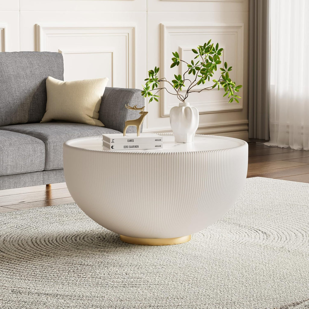 Modern Round Coffee Table Set of 2 Luxury Sintered Stone Top Coffee End Table in White/Orange Leatherette Creative Bowl-Shape Small Coffee Side End Tables for Living Room Bedroom
